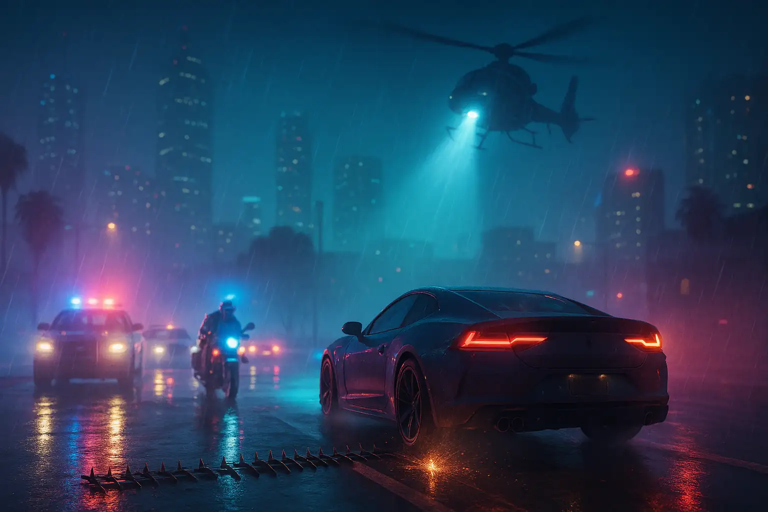 VynexRP city artwork: a night pursuit beneath a police helicopter